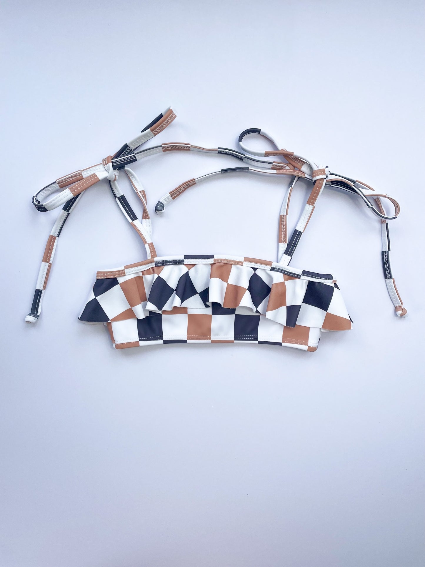 FRANKIE FRILL BIKINI TOP | COCOA CHECKERED